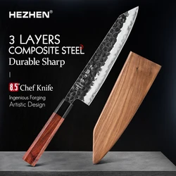 HEZHEN Retro Series Chef Knife Three-layer Composite Steel Stainless Steel Red Wood Handle Kitchen Cooking Knives