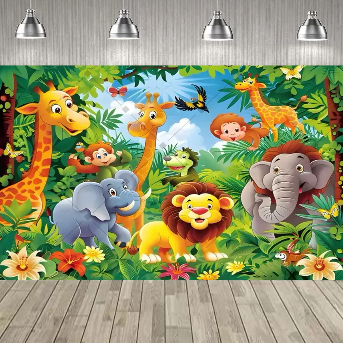 Lebendiger Dschungel-Tier-Party-Dekor-Hintergrund, niedlicher Löwe, Tiger, Elefant, Thema, Kindergeburtstag, Partyzubehör, Dekor, Banner, Baby-Taufe – Detail 4
