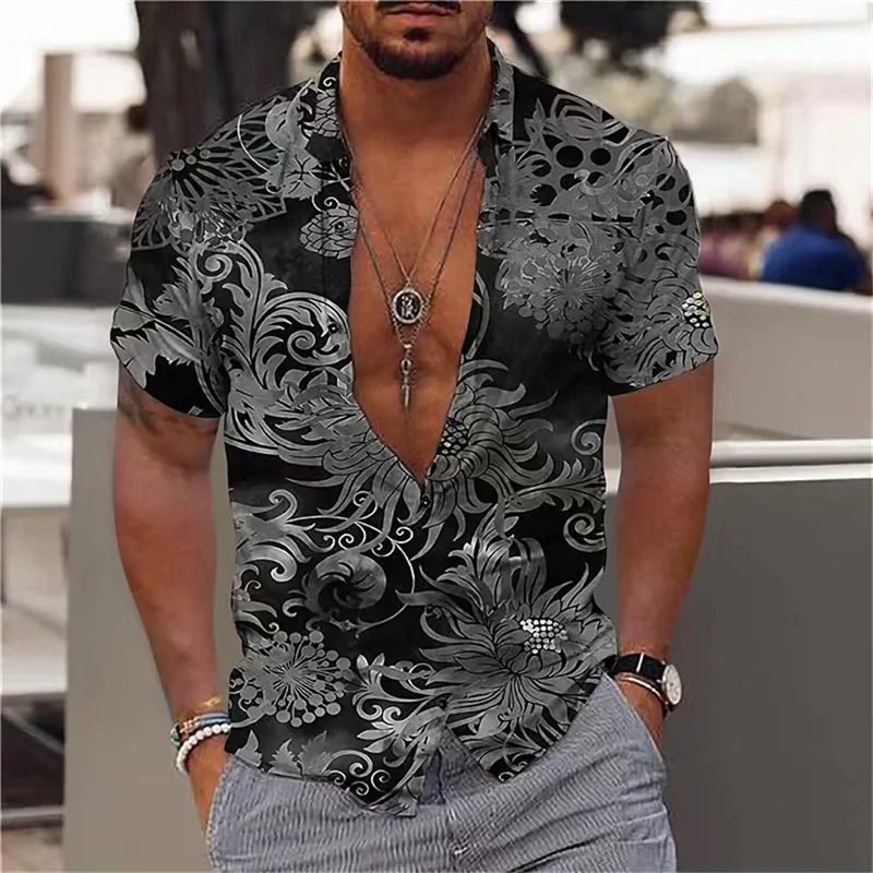 New style casual shirt short-sleeved lapel shirt 3D printing men's street fashion four-way stretch shirt men's large size tops S