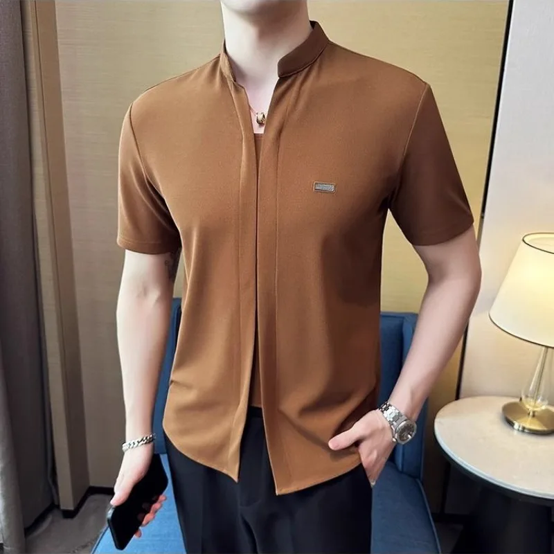 American Style Trendy Summer New Men\'s Stand Collar Solid Color Smart Casual Simplicity Versatile Short Sleeve Slim T-Shirts Top