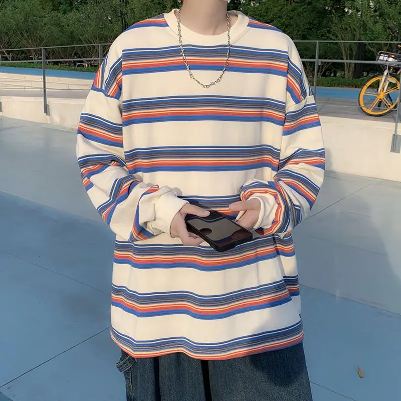 Striped Long Sleeved T-shirt Hong Kong Style Trendy Brand Handsome Trend Ins Rainbow T-shirt New Casual Top for Men