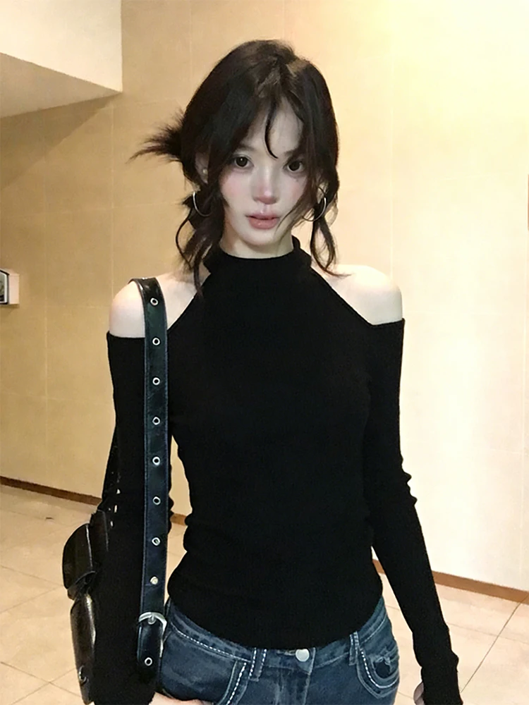 

Двусторонний трикотажный топ с высоким воротником и открытыми плечами, облегающий, сексуальный, для женщин, осень-зима, в уличном стиле, чистый...