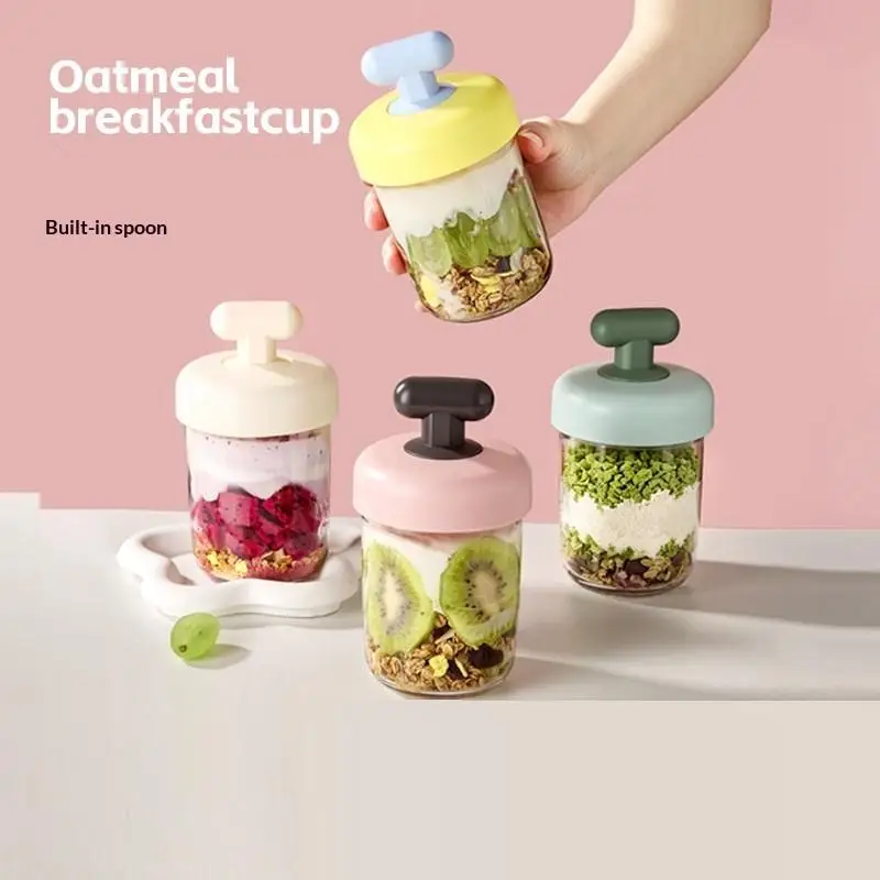 Glass Oat Cup Transparent Leakproof with Sealed Lid & Spoon Measuring Scale for Breakfast Milk Yogurt Home Use