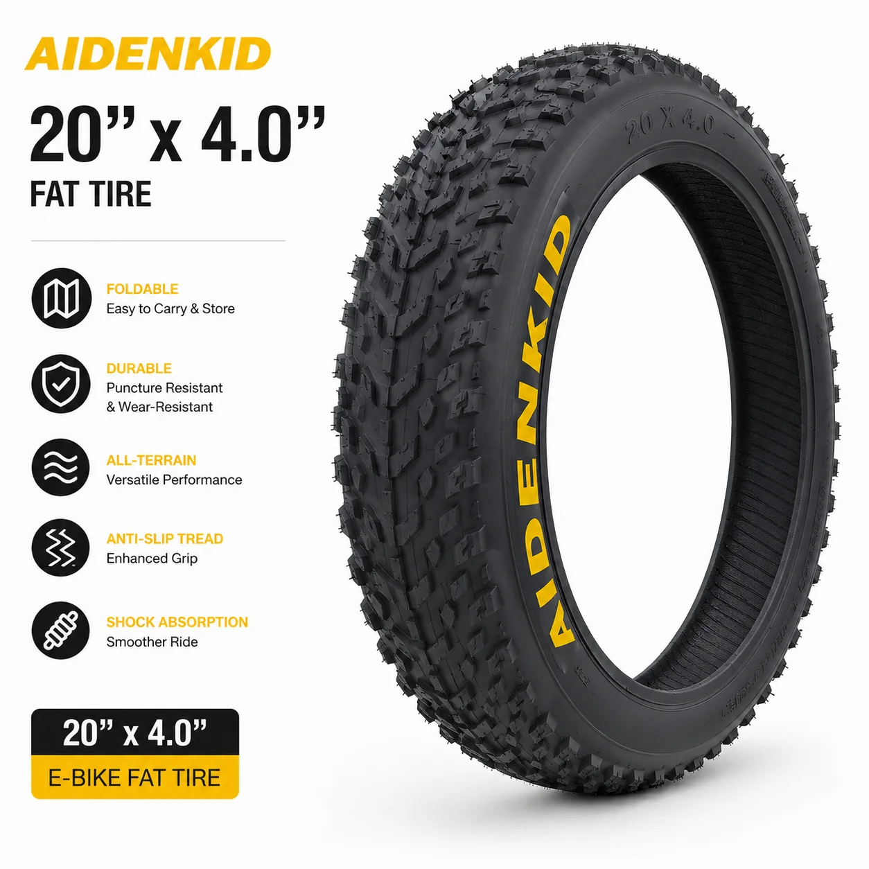 AliExpress NONE AIDENKID 20"x4.0 Foldable Fat Tire for E-Bike, All-Terrain Mountain Snow Beach Bicycle Tire, Puncture Resistant Wide Tire