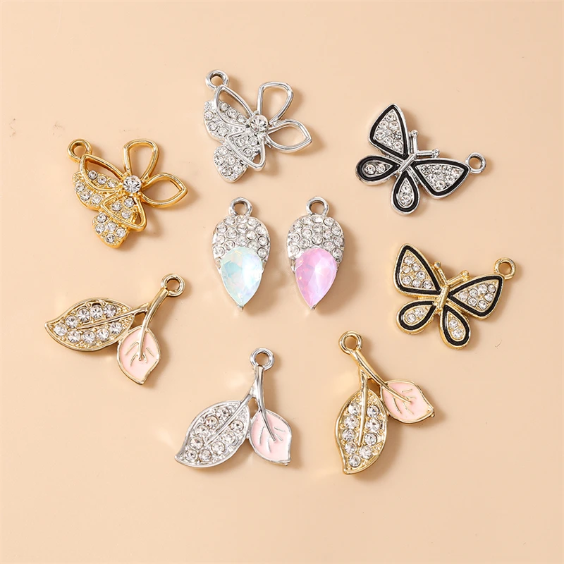 10 Stück Niedliche Kristall-Metall-Schmetterling-Baumblatt-Anhänger für Schmuckherstellung, Anhänger, Halsketten, Ohrringe, Armbänder, DIY-Bastelzubehör – Detail 3