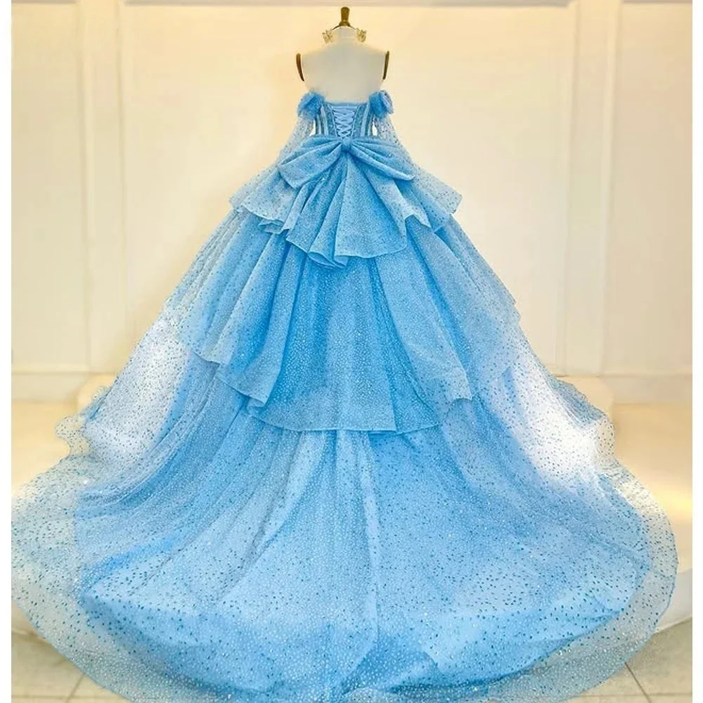 فساتين Quinceanera باللون الأزرق المنتفخ من Charro Quinceanera بأكمام طويلة وفيونكة مطرزة مكسيكية حلوة 16 فساتين 15 Anos مخصصة