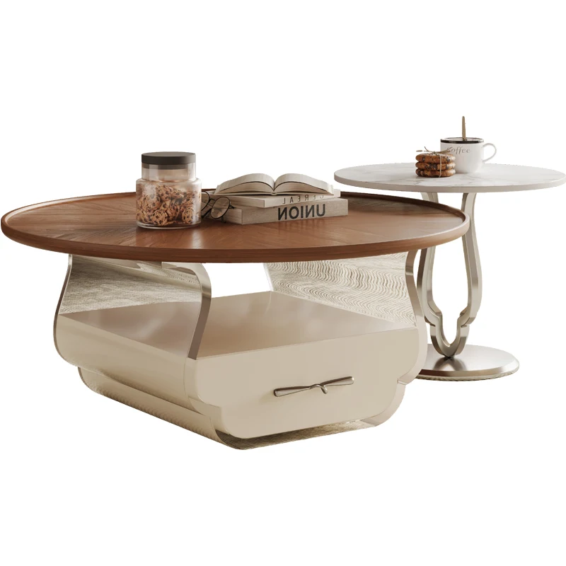 

French retro creative coffee table living room home cream style walnut round combination coffee table
