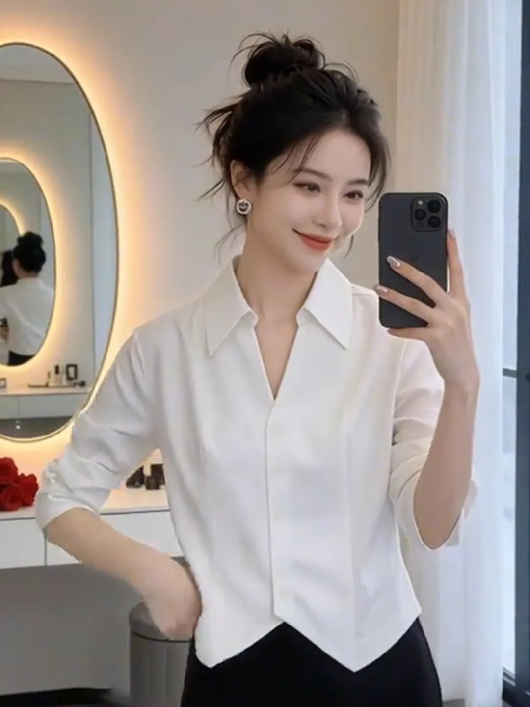 

Spring Season Japanese Sle Long Sve White irt Women's plus Size Versatile Button up Top Trendy Commute Sle Loose Fit