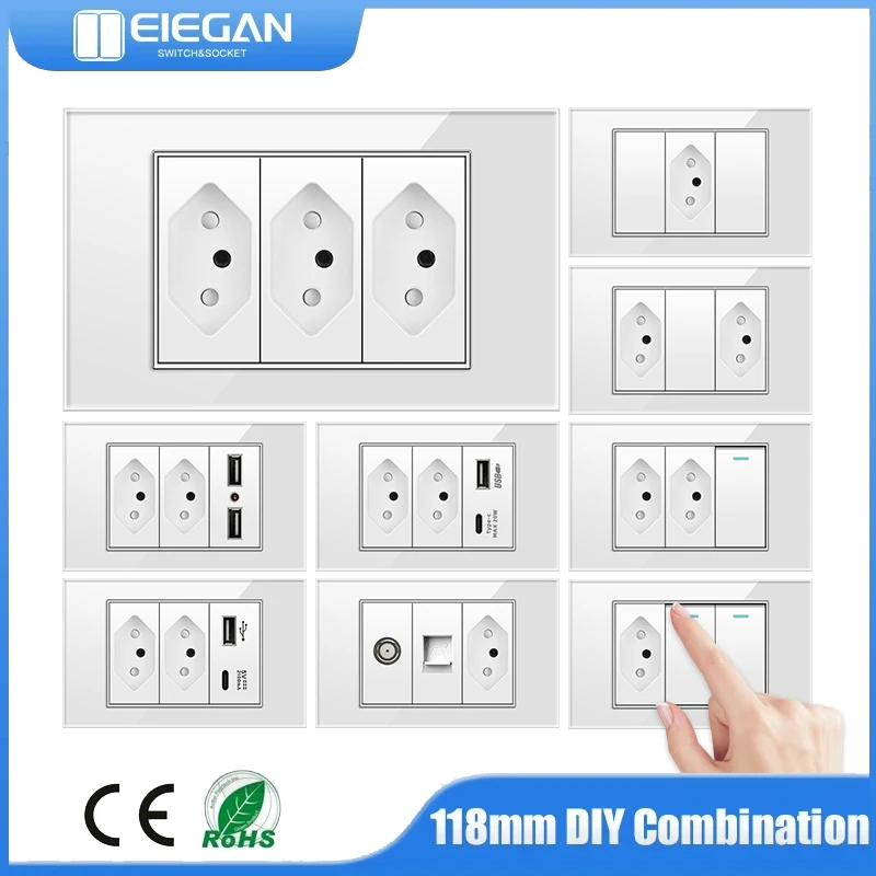 

Brazil Standard 118*72mm Usb Wall Socket White Glass Panel AC 110V-240V AC 250V 20A BR Power TV Phone Socket with Light Switch