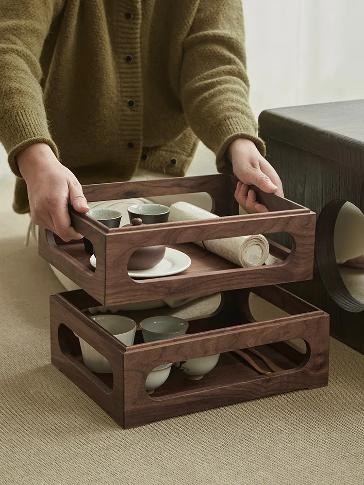 Chinese tea set, desktop storage box, black walnut solid wood, double-layer stackable portable