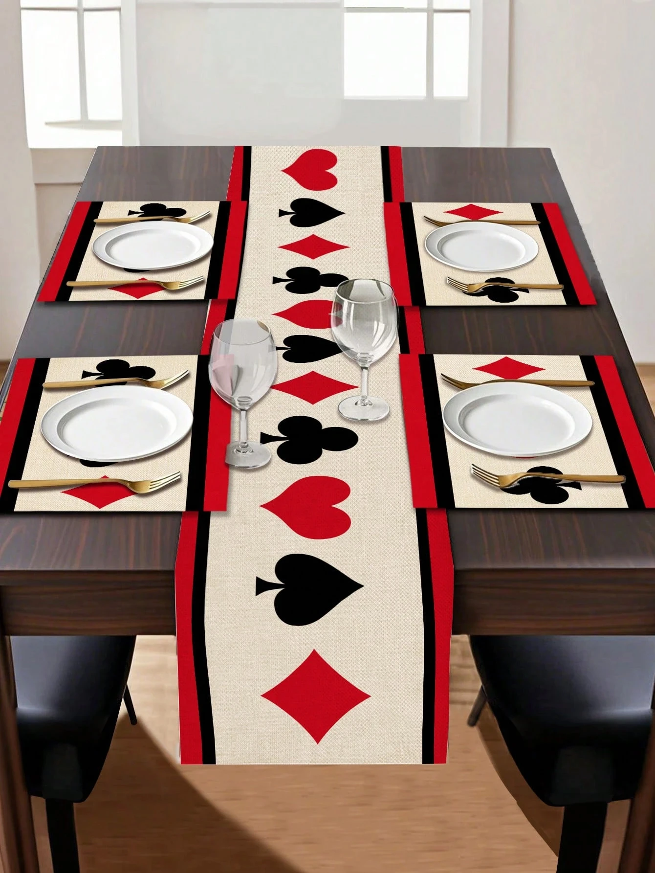 1pc Casino Night Playing Card Suits Table Runner - Linen 2D Printed Decor for Dining Table, Kitchen, Poker Party & Game Night Gi