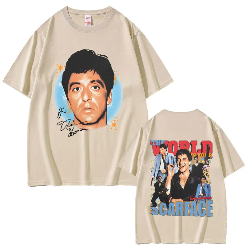 

Gangsters Movie The World Is Your Scarface Tony Montana Al Pacino Face Graphic T-shirs Men Women Cotton Casual Vintage T Shirts