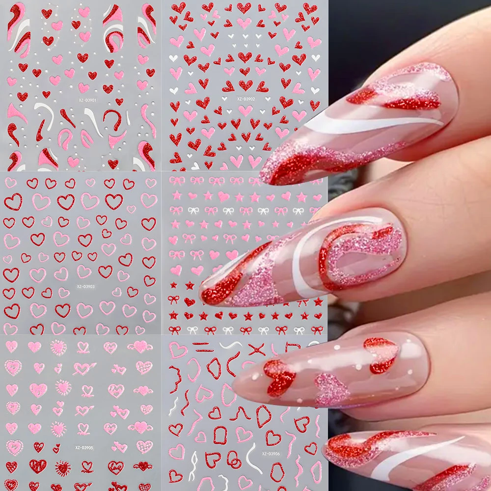 1Pc Red Pink White Heart Bow Nail Art Stickers with Glitter Sequins 5D Self Adhesive Nail Decorations Slider Decals DIY Manicure