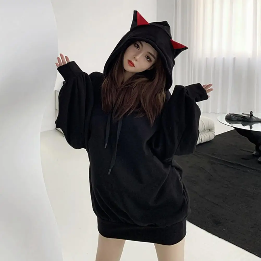 Harajuku Cat Ears Hoodie Women Black Kawaii Long Sleeve Autumn Winter Hooded Sweatshirt Gothic Streetwear Loose Casual Clothes