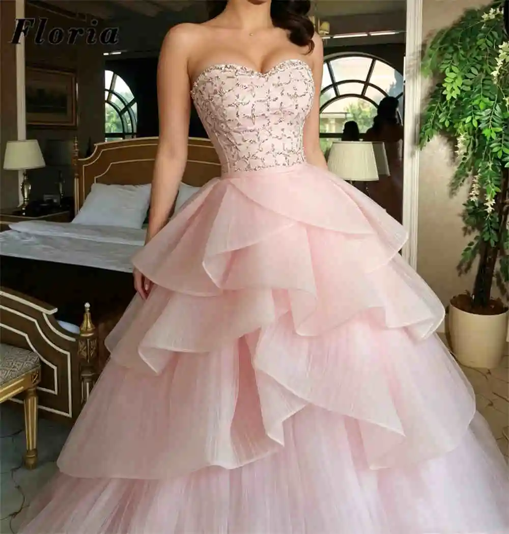 Princess Strapless Beaded Evening Dresses Ruffles A Line Engagement Gowns Customized Birthday Prom Party Gowns Robes De Soirée