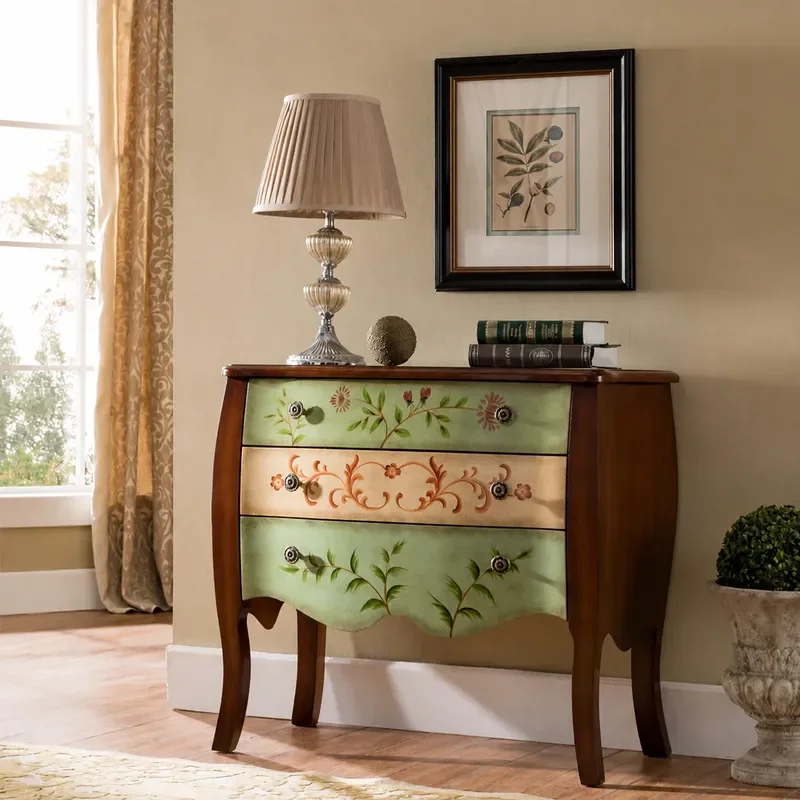 American Country Style Entrance Cabinet Living Room Furniture Retro Hand Painted Decorative Chest Storage Console Table