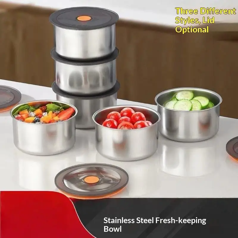 Stainless Steel Food Storage Bowl With Lid Round Preservation Container Heat Resistant For Kitchen Refrigerator Food Organizing