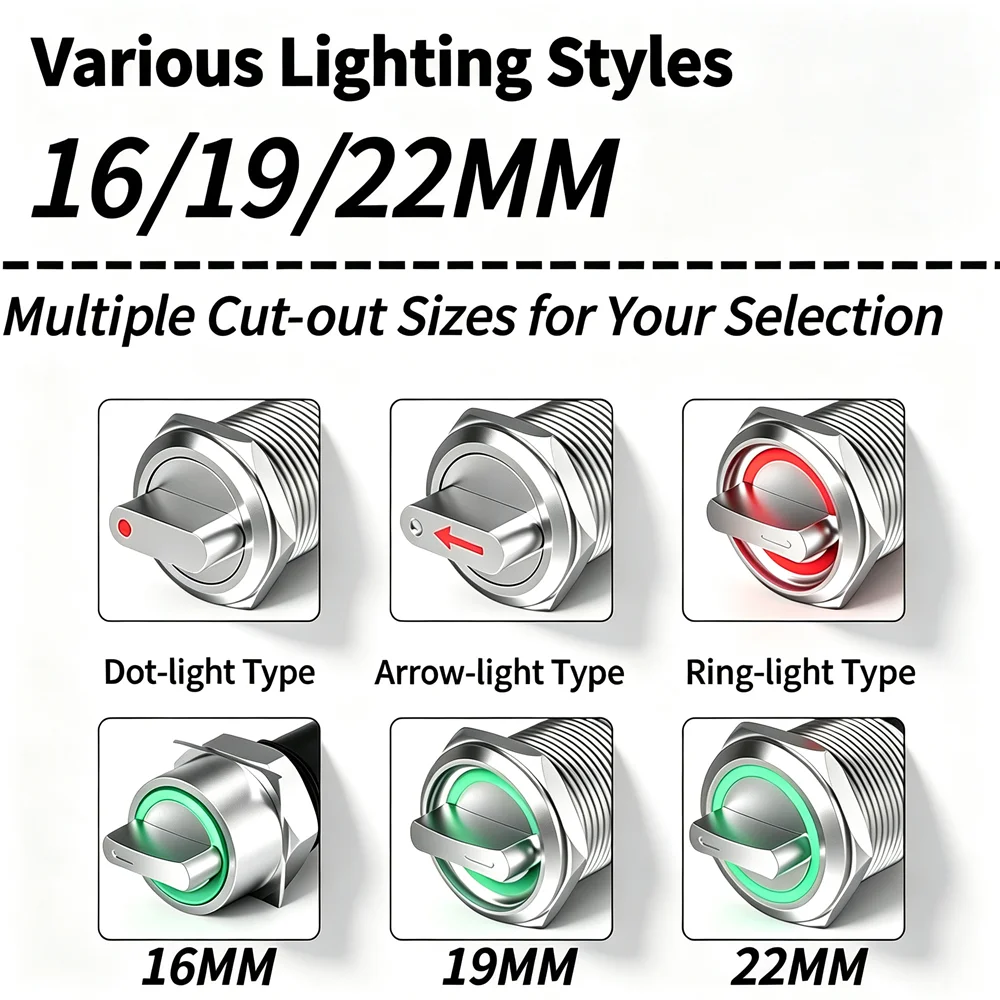 19mm 22mm Metal Rotary Knob Switch, 2‑3 Position Latching Momentary Selector Switch, LED Rotate Button Rotation Metal Switch