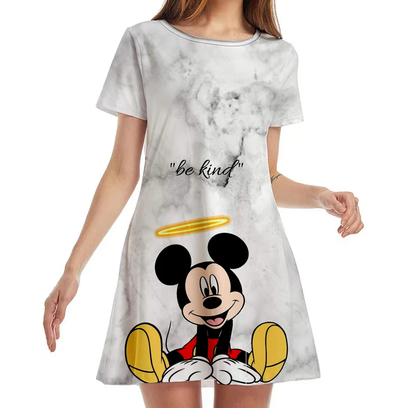 Summer 2022 New Disney Brand Cute Stitch and Winnie the Pooh Anime Pleated Loose Print Short Sleeve Knee Length Casual Dress Y2K