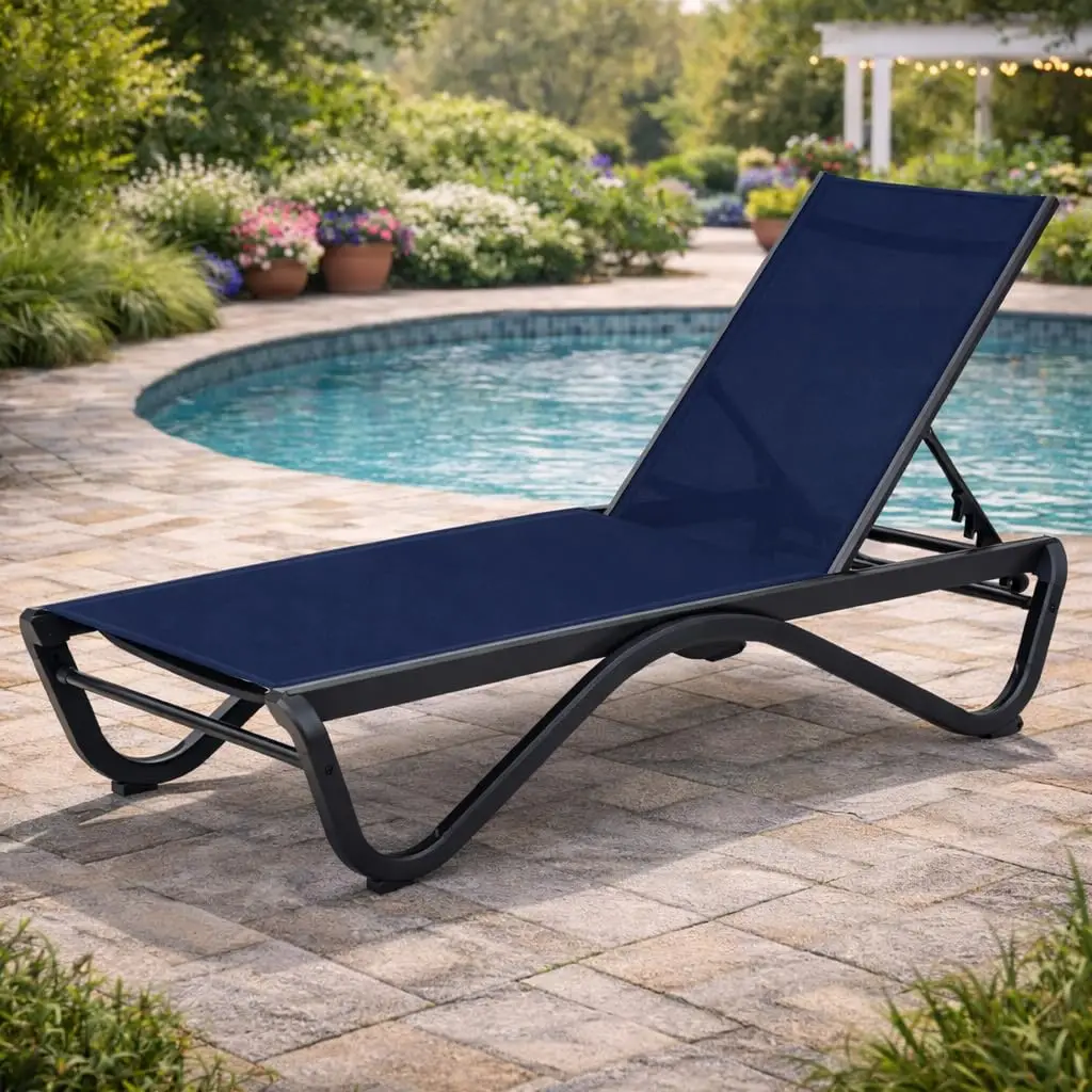 

Outdoor Adjustable Aluminum Chaise Lounge Chair For Poolside Backyard Sunbathing Textilene NavyBlue, Customized