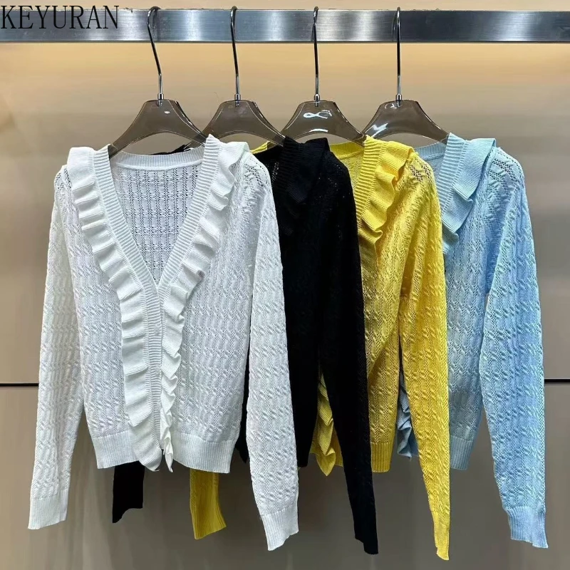 

Autumn Winter New V-Neck Ruffles Spliced Knitted Cardigan Women Fashion Elegant Versatile Slim Commuter Long Sleeve Sweater Tops