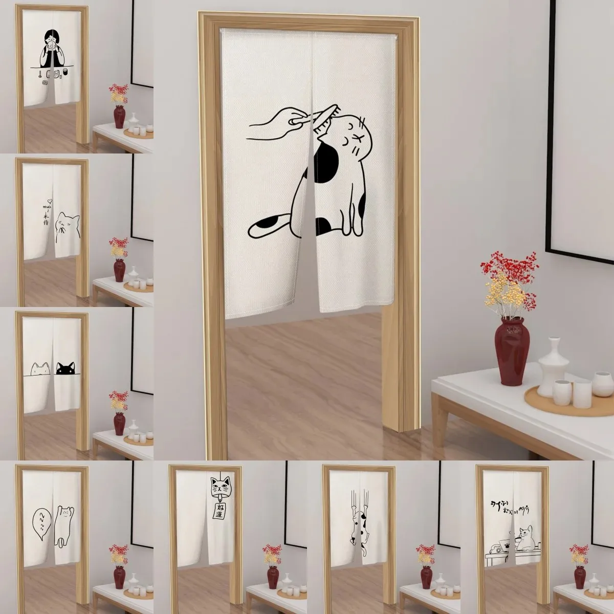 Japanese-style Door Curtain, Cartoon Cat Partition, Kitchen, Living Room, Entrance Hall, Half Curtain, Bathroom Door Decoration