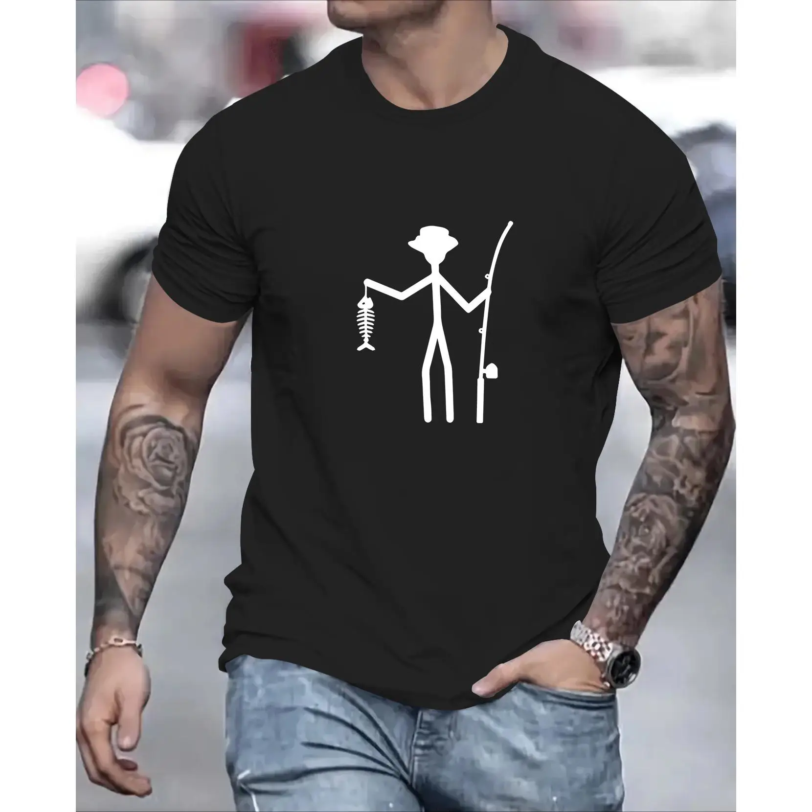 

Funny Stickman Fishing T-Shirt - Fish Skeleton Humor Graphic Tee, Unique Angler Gift for Men, Outdoor Fisherman Casual Top