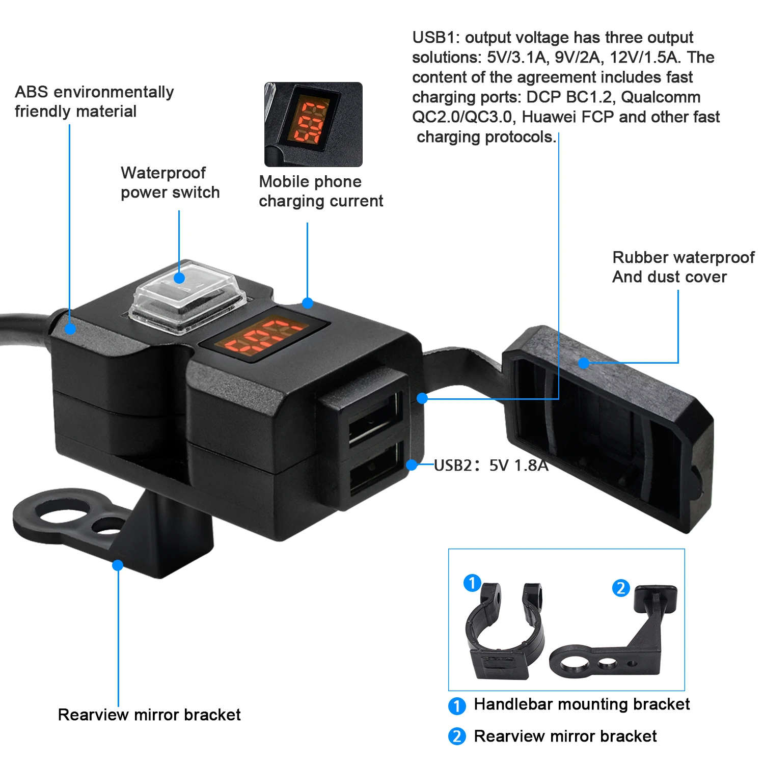 

Motorcycle accessories Moto 9-32V Dual Usb Mobile Phone Fast Charging QC3.0 Waterproof Switch Integrated 1.5m 5V3.1A