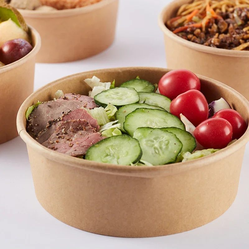 15pcs Kraft Paper Bowls Cups Fruit Salad Bowl Kraft Containers Salad Food Prep Kraft Box Cream Ice Snack Storage 500ml 750ml