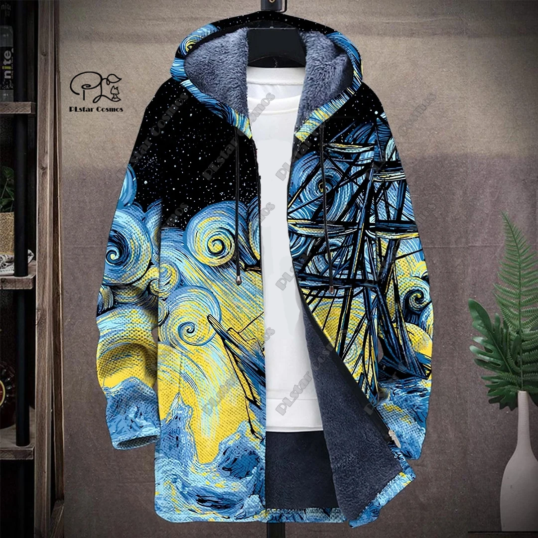 

PLstar Cosmos 3D printed cat skull night star yi pattern winter men's hooded jacket winter casual thickened warm series -16