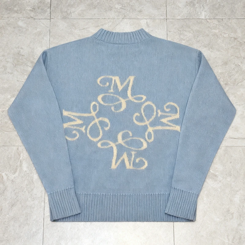 

Y2K Harajuku Knit Sky Blue Sweater Retro Embroidered Signature Round Neck Casual Hip Hop High Street Unisex Long Sleeve Sweater