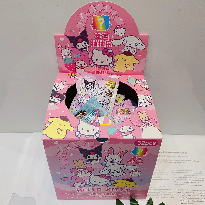 Caja ciega Sanrio de 32 piezas, borrador de muñeca de dibujos animados, Hello Kitty, My Melody, Kuromi, caja misteriosa, papelería para estudiantes, regalo de cumpleaños