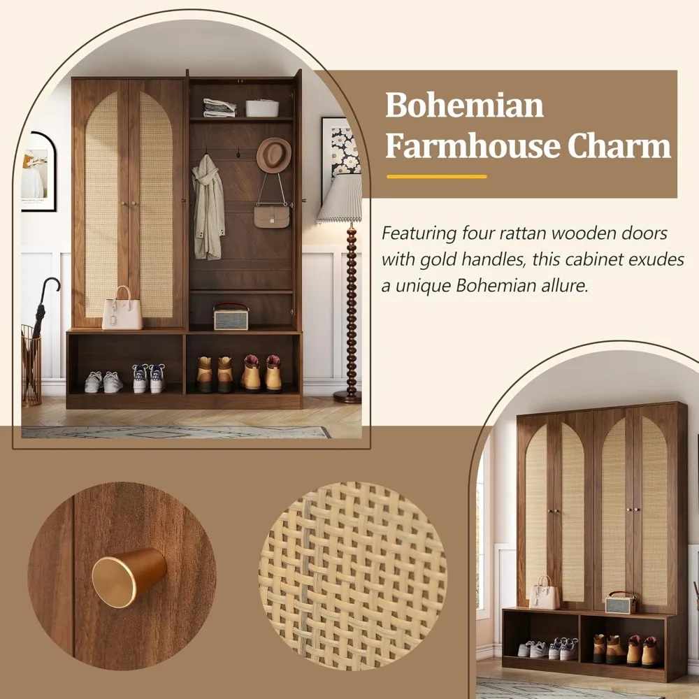 شجرة قاعة على طراز المزرعة متعددة الوظائف مع أربعة أبواب تخزين ومقعد جلوس مع ستة خطافات، مستوحاة من منتصف القرن