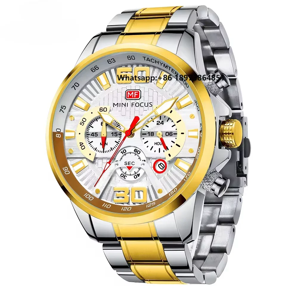 

MINI FOCUS 0336 Men's Luxury Stainless Steel Sports Quartz Watch 12/24 Hour Date Clock Waterproof with Leather Band