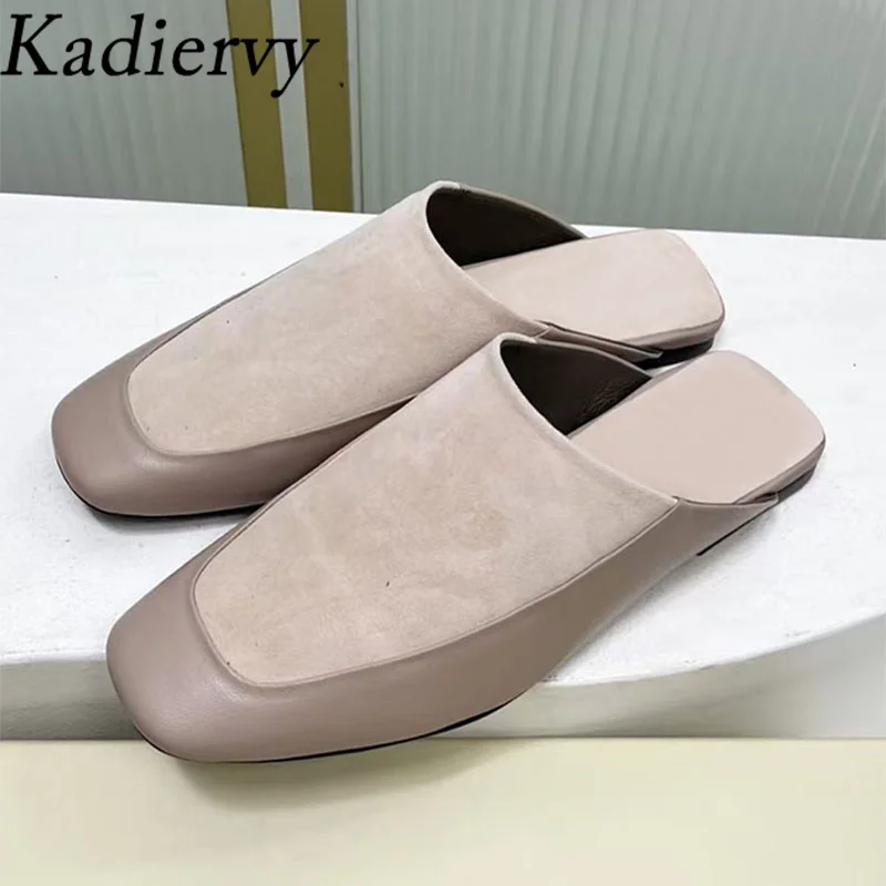 

2026 New Flat Slippers Woman Suede Leather Patchwork Mules Shoes Women Square Toe Slides Casual Comfort Half Slippers Women