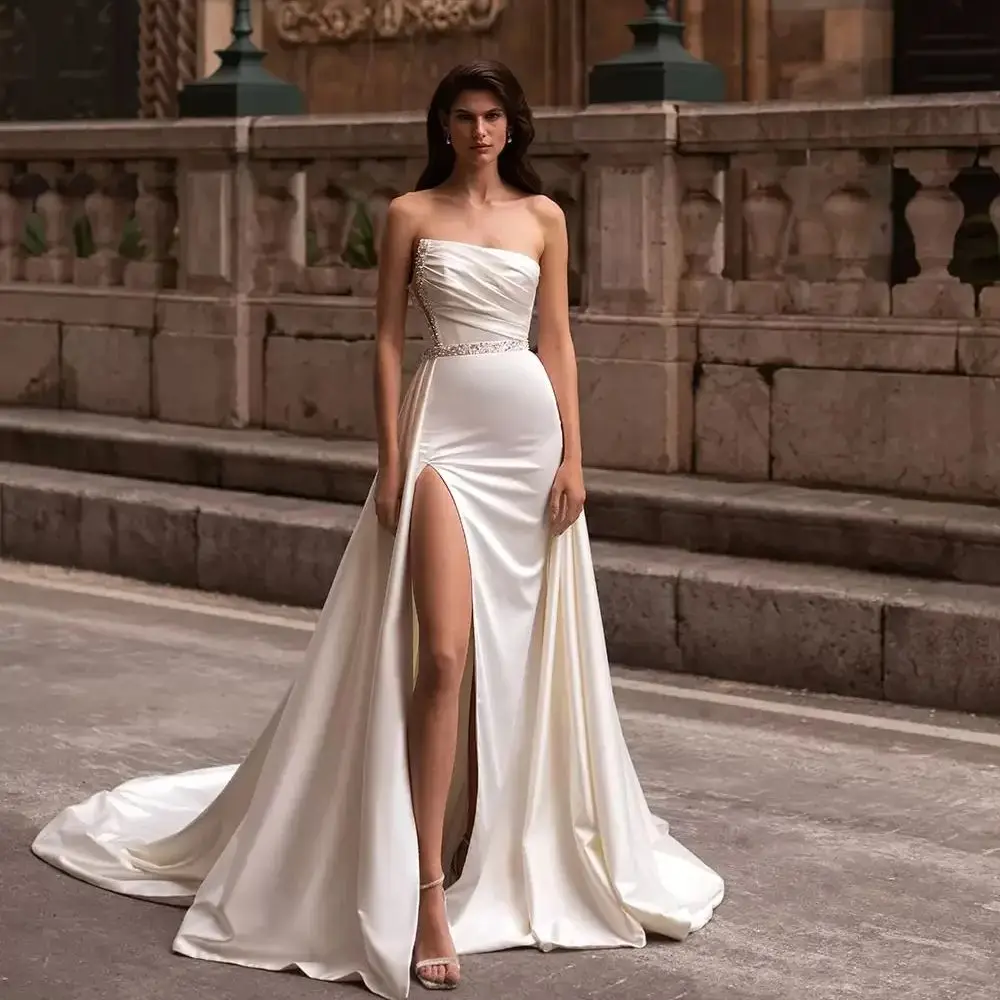 여성을위한 Strapless 인어 웨딩 드레스 맞춤형 얼룩 정장 신부 가운 슬릿 Robes de Soriee with Detachable Train