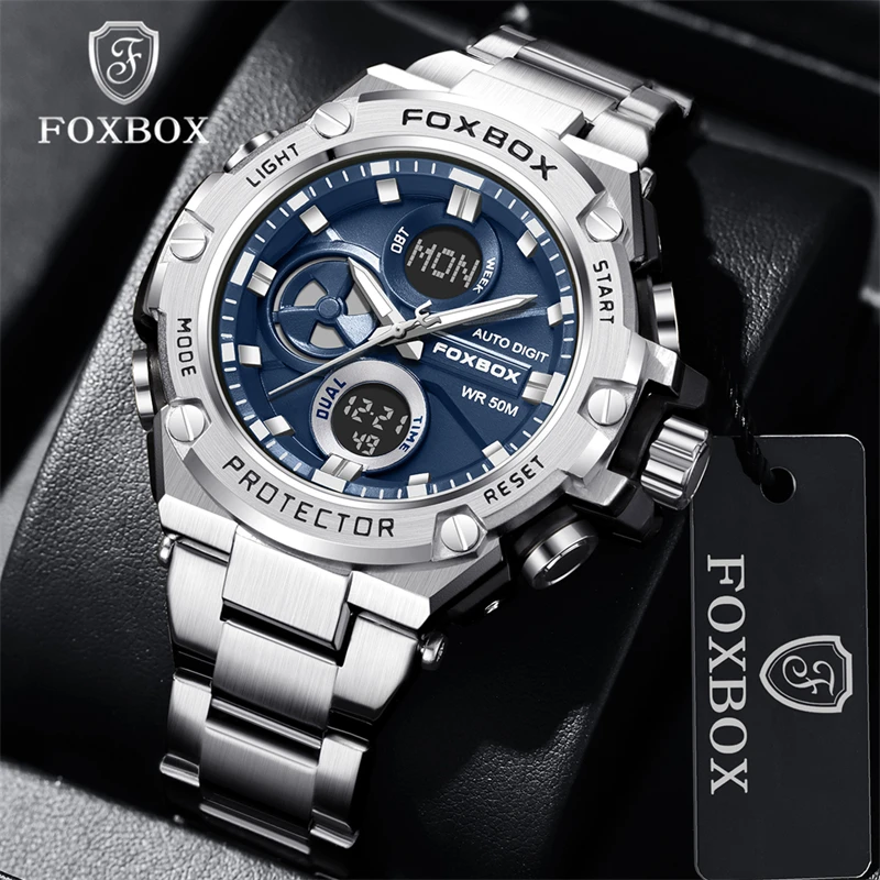 FOXBOX Men Digital Watch LED Sport Military Mens Quartz Wristwatch Male Luminous Waterproof Clock Watches+Gift Box