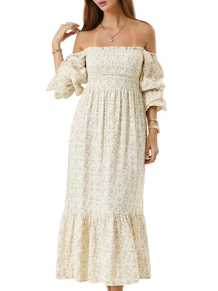 

Women s Boho Floral Maxi Dress Off The Shoulder Long Sleeve Long Beach Ruffle A Line Swing Dress