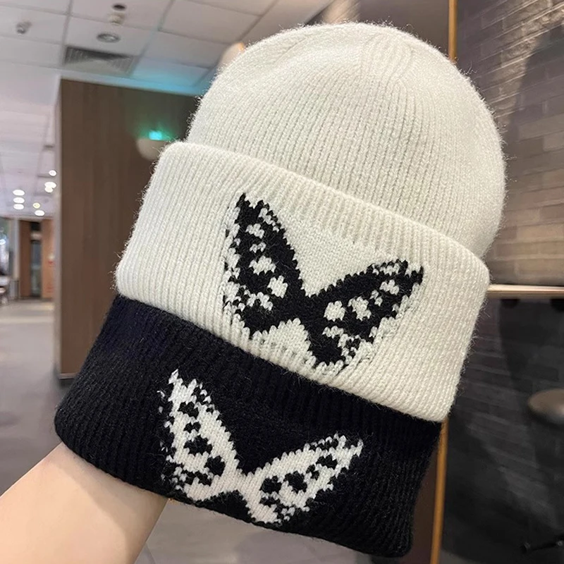 Korean style fashionable butterfly knitted woolen hat for women small face autumn and winter cold proof and warm ear protection