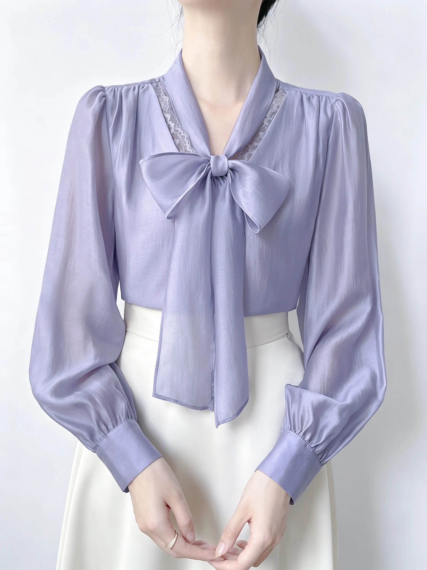 Korean Style Long Sleeve V-Neck Lace  Knot Ribbon Purple Shirt Women's Autumn New Arrival Commute Top Loose Fit