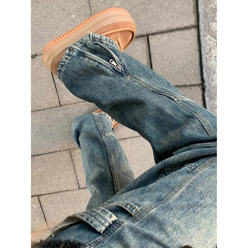 

Cleanfit Vintage Blue Workwear Jeans Men's Straight Leg Heavy Waed Zip Design Cotton Blend Youth Faion Spring Autumn