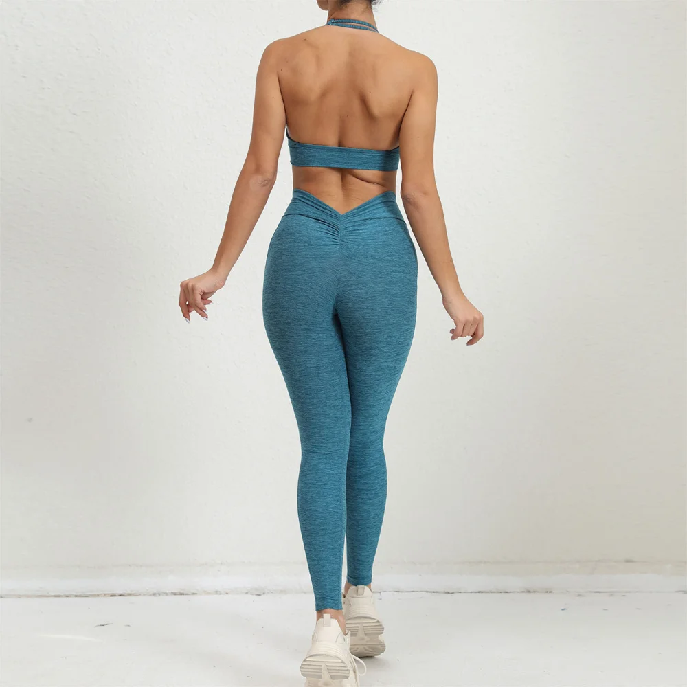 2024 1/2PCS V Back Lycra Pad Pocket Halter Sport Bra Yoga Set Squat Proof Scrunch Legging Workout Pant Gym Fitness Active Suits