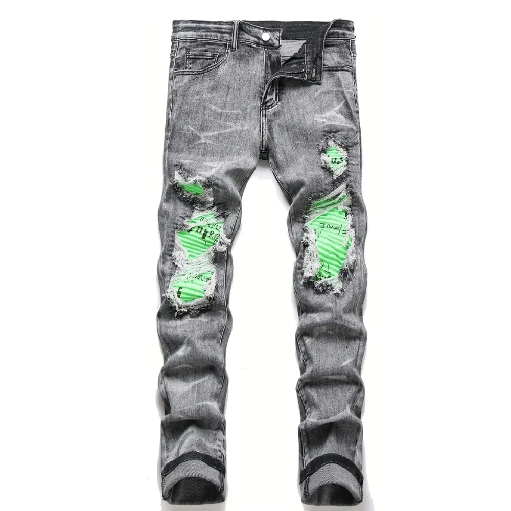 Men Skinny Denim Spot Jeans Male Patchwork Holes Ripped Stretch Fit Casual Jeans Slim Fit Trousers Streetwear Jeans Pants