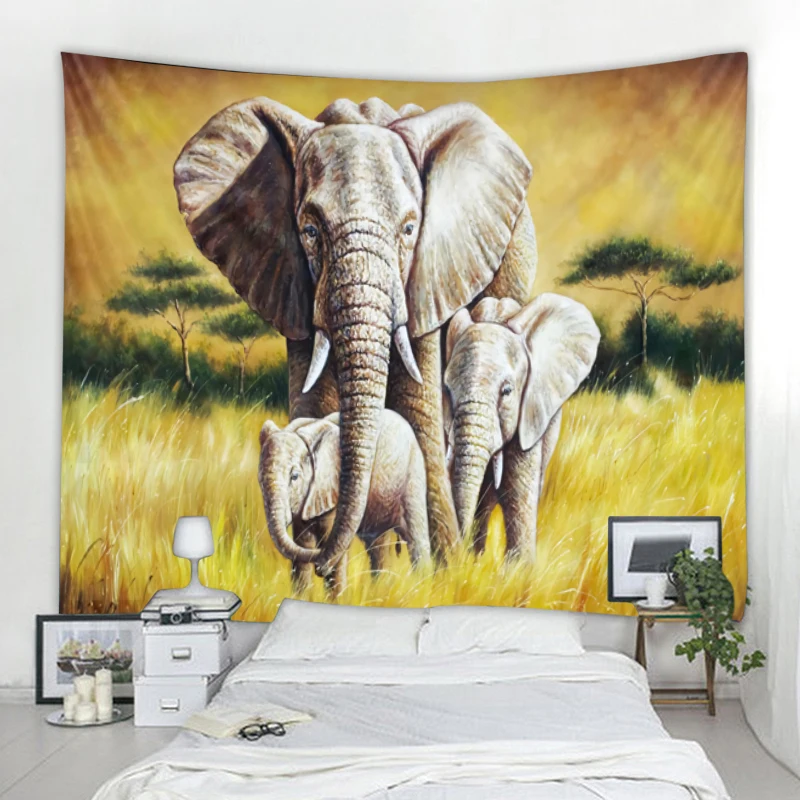 Elephant Tapestry Mandala Boho Style Wall Decor Wild Animals Green Leaves Pattern Tapestry Living Room Home Bedroom Decoration