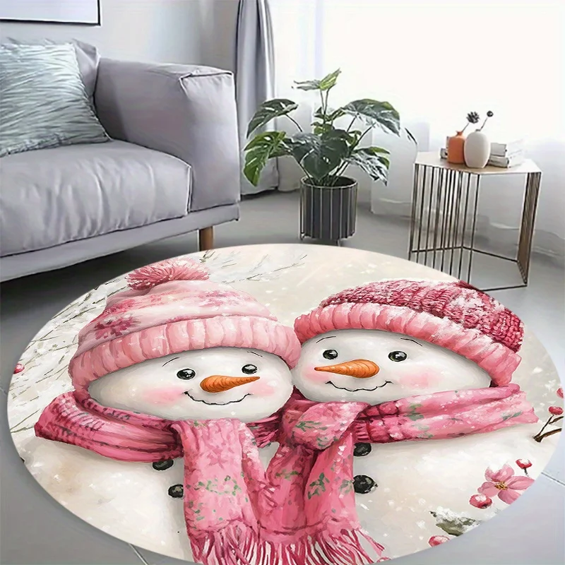 Festive Pink Scarf Snowman Round Area Rug Non Slip Washable Floor Mat For Office Chair Living Room Home Decor