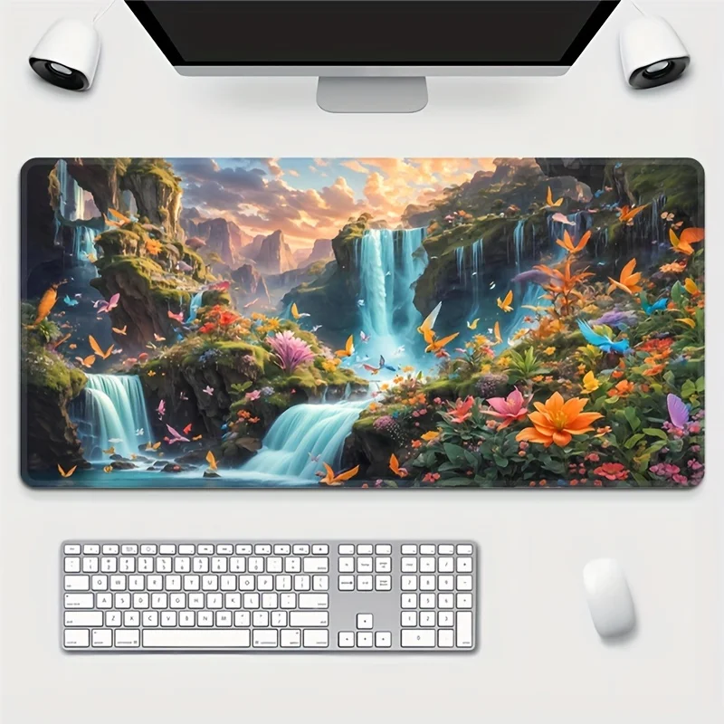 Waterfall Mountain Landscape, Natural Rubber Material, Stitched Locking Edge Durable Non-slip, Rectangular Mouse Pad