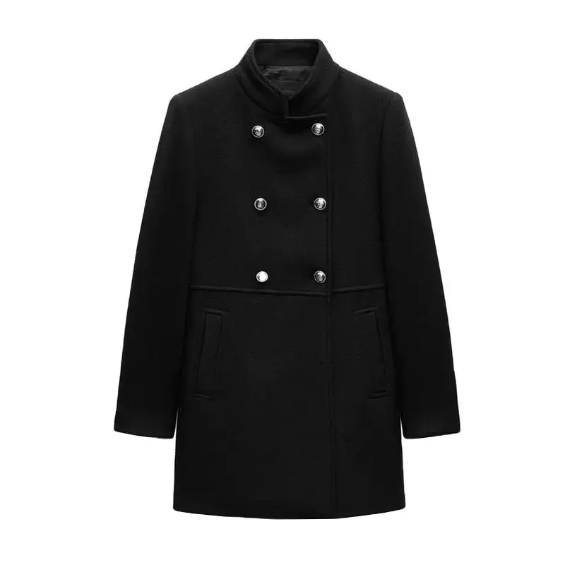 

Autumn Winter New Gold Button Wool Blend Double Breasted Coat Jaet Street Sle Slim Fit Long Sve mid Length Pure Color