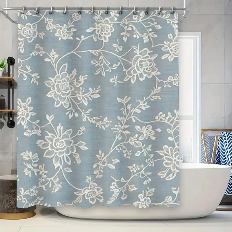 

Стильная водонепроницаемая занавеска для душа с цветочным принтом для декора ванной комнаты, синие и белые тканевые занавески для душа с набором держателей для колец