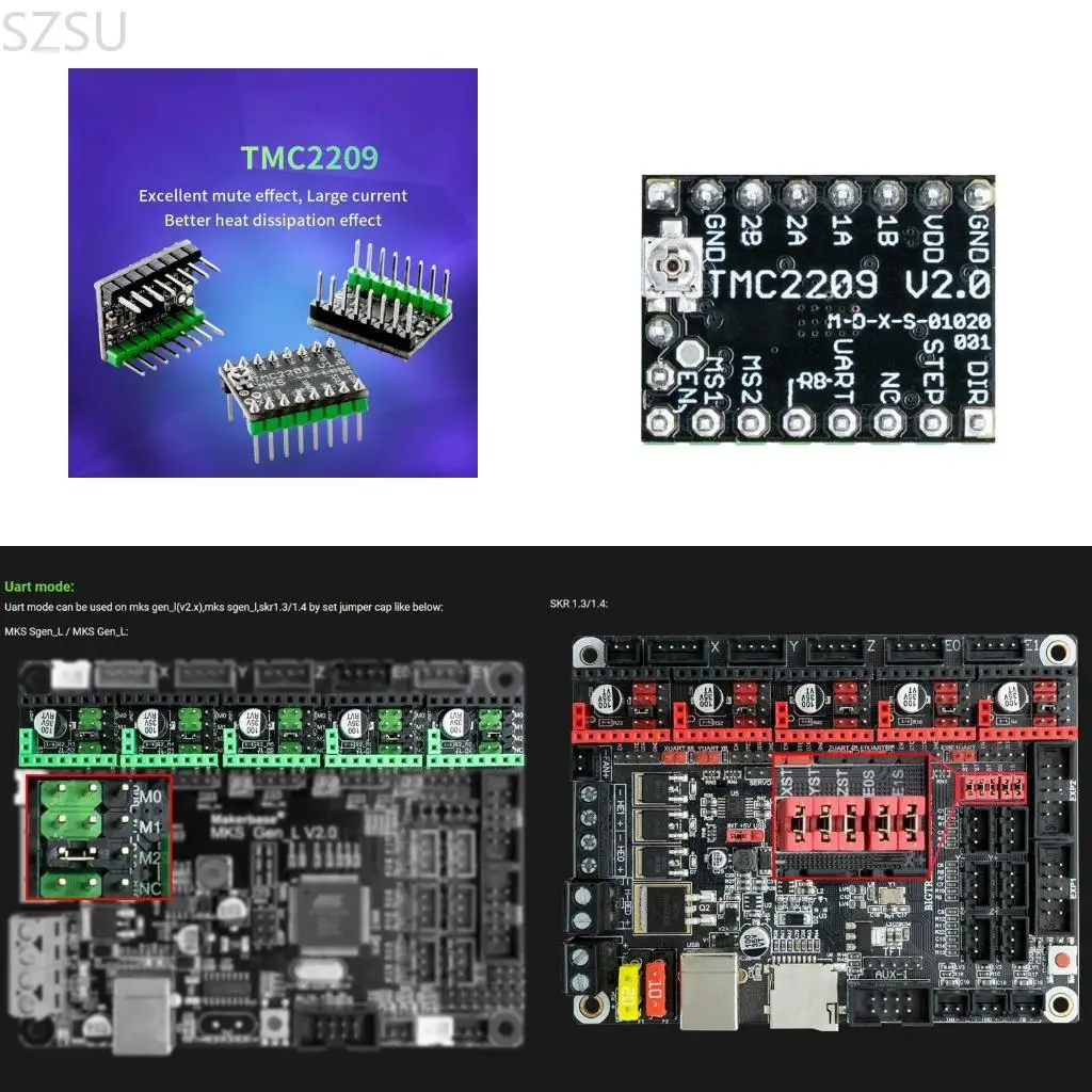 

SZSU 3D-аксессуары принтера TMC2209 Моторный привод Ультра-квит-пит-пит-высокий ток без датчиков-сил-хомить водителей UART с