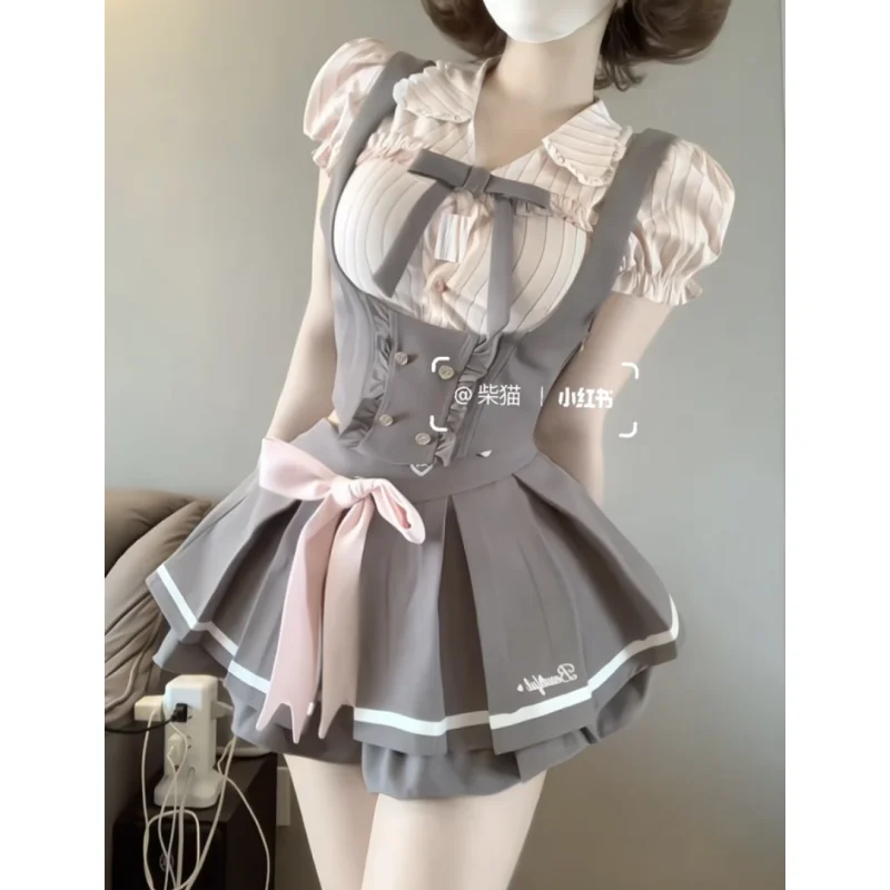 

Jk Uniform Preppy Style Sweet Girl Sailor Collar Pink Shirt + Slim Waist Vest + High Waisted Pleated Skirt 3 Pcs Sets Y2k Suits